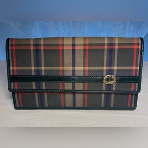 Vintage DAKS Wristlet /Long Wallet; Green Leather with signature Tartan; UK, EUC